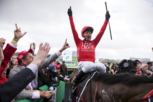 Redzel’s jockey Kerrin McEvoy celebrates his 2018 win.