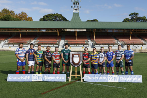 This year’s Shute Shield captains, from left, Rob Puli-Vea (Hunter Wildfires), Josh Bokser (Eastern Suburbs), Milan Basson (Gordon), James Faiva (West Harbour), Will Thomas (Southern Districts), Ben Houston (Randwick), Harry Burey (Northern Suburbs), Ciaran Loh (Sydney University), Harry Turner (Eastwood), Angus Bell (Manly), Ben Marr (Warringah), Dan Faleafa (Parramatta Two Blues).