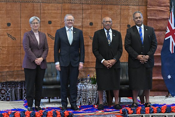 Foreign Minister Penny Wong and Prime Minister Anthony Albanese with Fijian Prime Minister Sitiveni Rabuka (second right) and Foreign Affairs Minister Sakiasi Raisevu Ditoka at a welcome ceremony in Suva, Fiji today.