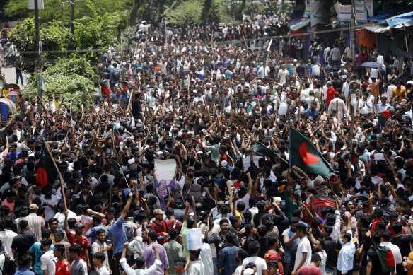 People participate in a rally against Prime Minister Sheikh Hasina and her government demanding justice for the victims killed in the recent countrywide deadly clashes in Dhaka.
