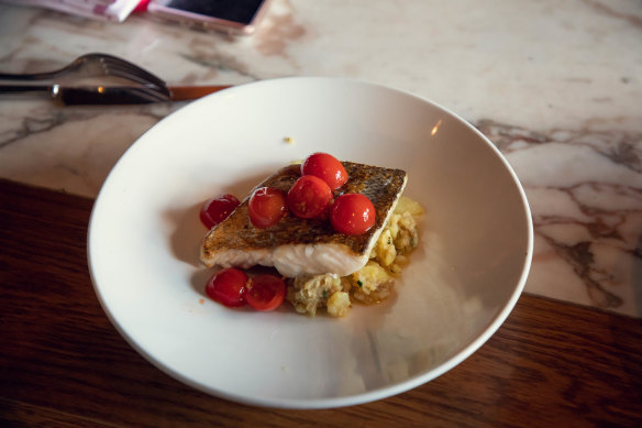 Hake with tomatoes at Wright Bros. Battersea Park.