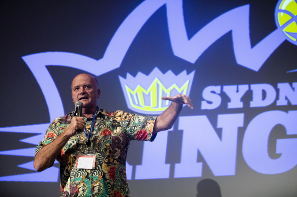 Sydney Kings chairman and owner Paul Smith in front of the NBL team's famous logo, which will change after failed negotiations with the Opera House Trust.