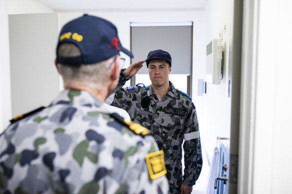 Corbin Dal Walters’ room is inspected by LUT Allen Trent during their New Entry Officers' Course in Jervis Bay.