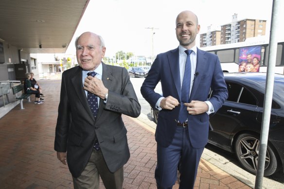 Former prime minister John Howard on the campaign trail with Liberal candidate Simon Kennedy.