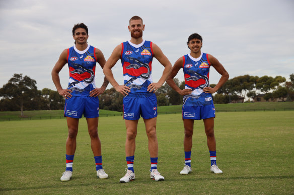 The Bulldogs’ Jamarra Ugle-Hagan, Liam Jones and Arthur Jones.