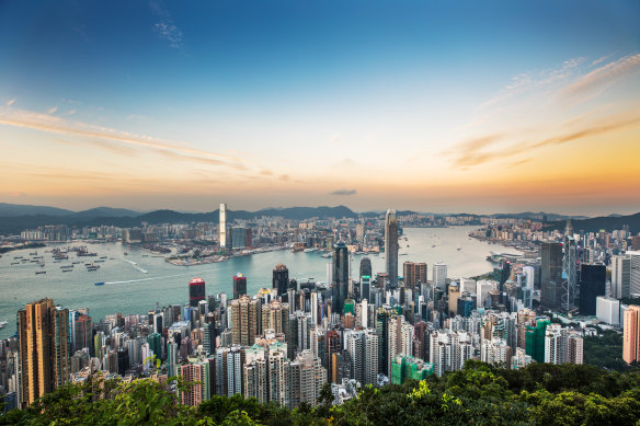 Hong Kong skyline at sunset.