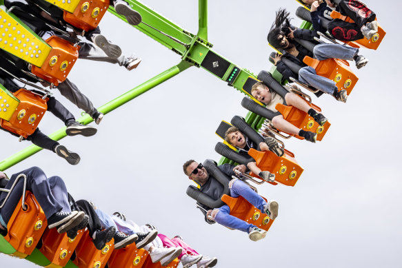 Thrill seekers at the Royal Melbourne Show brave the rides. 