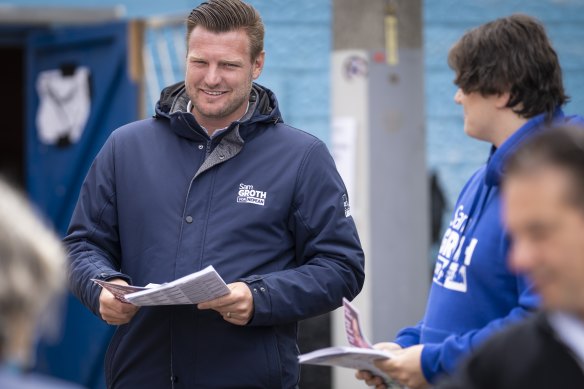 Liberal candidate Sam Groth on the campaign trail in Rosebud earlier this month.