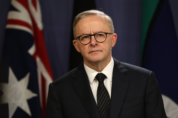 Prime Minister Anthony Albanese addressing the media during today’s press conference. 