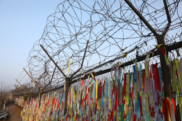 A barbed-wire fence at the Imjingak Pavilion, near the demilitarised zone (DMZ) separating the two Koreas in in Paju, South Korea.
