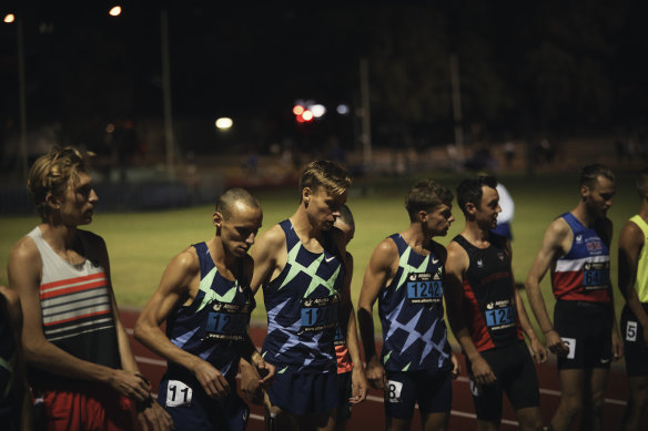 McSweyn (third from left) with a number of international-calibre 5000-metre runners at the start of the Box Hill Burn; he eventually leaves them all in his wake. 