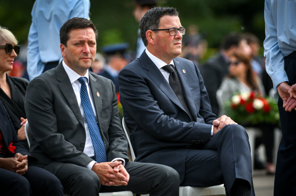 Victorian Premier Daniel Andrews and Opposition Leader Matthew Guy at the Remembrance Day service at the Shrine on Friday morning.