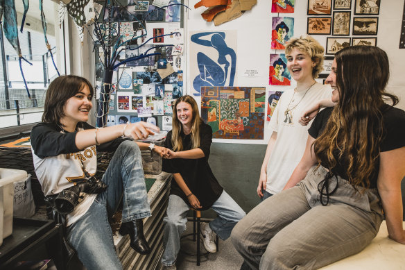 Mullumbimby High School students celebrate after receiving their HSC results.