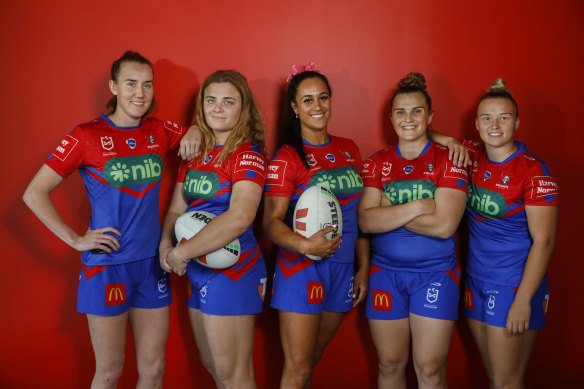 Newcastle Knights NRLW players (l-r): Tamika Upton, Hannah Southwell, Yasmin Clydsdale, Jesse Southwell and Georgia Roche.