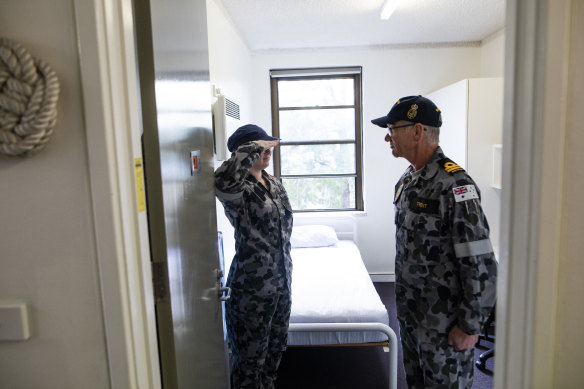 Paige Vernon-Smith’s room on the base at HMAS Creswell is inspected by LUT Allen Trent. 