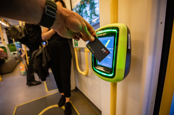 A myki pass being used on Melbourne public transport.