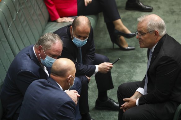Prime Minister Scott Morrison, Treasurer Josh Frydenberg, Deputy Prime Minister Barnaby Joyce and Minister for Defence Peter Dutton during a division in parliament. 