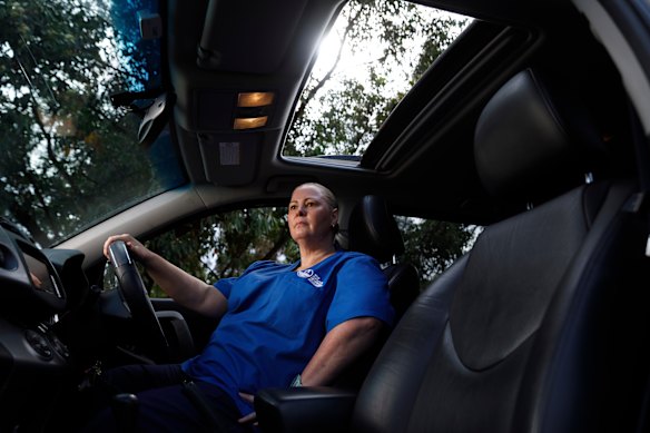 Nurse Penny Farries gets ready for the road. The cost of commuting is “absolutely huge”, she says. 
