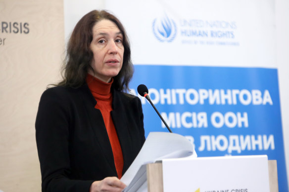 Matilda Bogner delivers a report on the human rights situation in Ukraine in Kyiv last year.