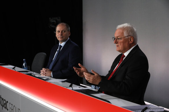 Westpac CEO Peter King (left) with chairman John McFarlane at the 2020 AGM. “Overall, the result was disappointing, leading to a drop in our market value for which I apologise unreservedly on behalf of the Board,” Mr McFarlane said.