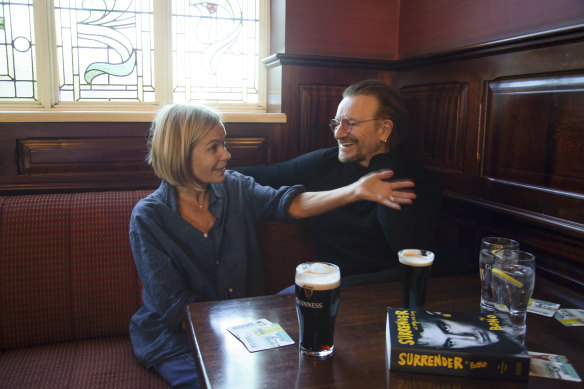 Bono with writer Mariella Frostrup at his local pub, Finnegan’s of Dalkey, south of Dublin. 