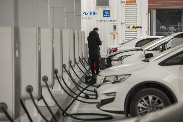 A vehicle charging station, with large batteries supplied by CATL, in Fuzhou, China. CATL is the world’s largest manufacturer of electric car batteries. 