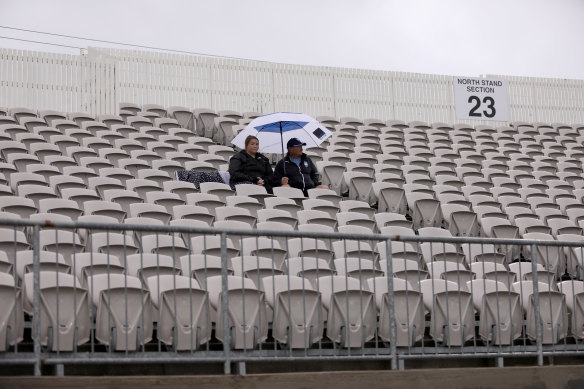 The stands at Netstrata Jubilee Stadium on Saturday were sparsely populated as A-League fans brave the rain and the ongoing threat of the coronavirus.