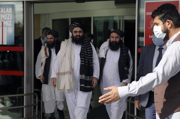 The Taliban delegation led by Amir Khan Muttaq, centre, arrive at Esenboga Airport, in Ankara, Turkey, in October.