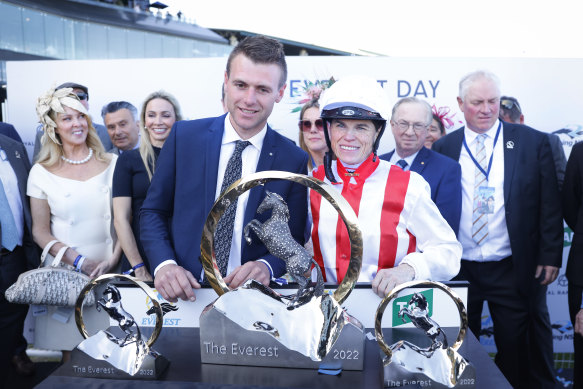 Giga Kick’s trainer Clayton Douglas and jockey Craig Williams with The Everest trophy last October.