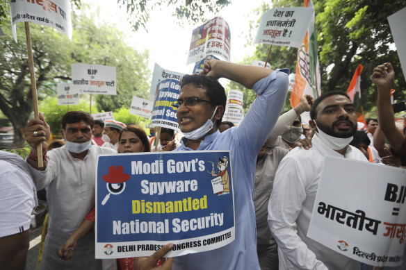 Protestors in New Delhi accuse Prime Minister Narendra Modi’s government of using military-grade spyware to monitor political opponents, journalists and activists. 