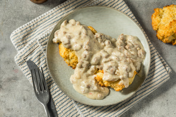 Not your typical biscuits… Southern-style biscuits and gravy.