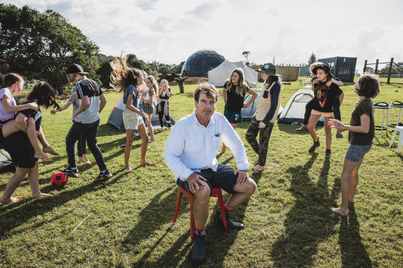 The Living School’s buildings were destroyed in the Lismore floods and need to be rebuilt. Founder John Stewart is teaching at various sites including this farm in Skennars Head. 