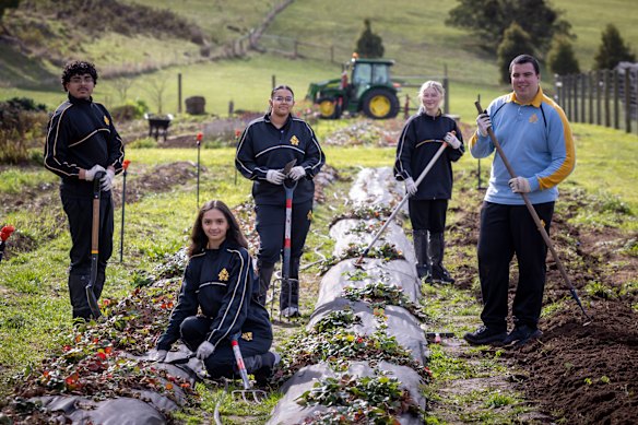 Students at Bacchus Marsh Grammar’s Staughton Vale farm: Paras Singh, Herry Patel, Kayura Thimmaraju, Abbey Cabban and Hayden Beckwith.