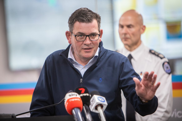 Premier Daniel Andrews providing an update on the state’s flooding from the State Control Centre on Tuesday.