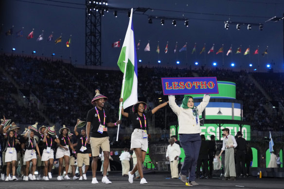 The athletes of Lesotho enter the stadium during the Commonwealth Games opening ceremony at the Alexander stadium in Birmingham.