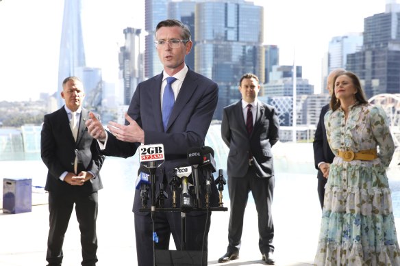 NSW Premier Dominic Perrottet addressing the media on Wednesday morning. 
