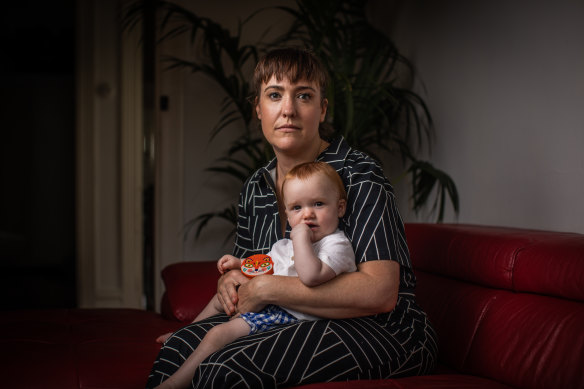 Cameo Dalley with her 10-month-old daughter Dune. Dalley says her experience around the Deakin University role “was really traumatic”.