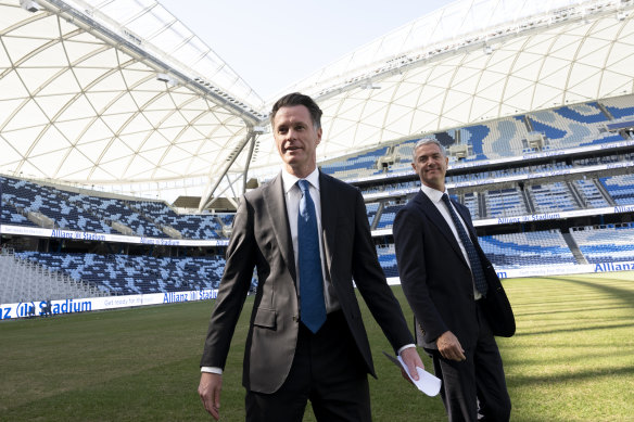 NSW Premier Chris Minns with Minister for Music and the Night-time Economy John Graham at Allianz Stadium.