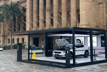 Volvo’s new Polestar 2 battery electric car in King George Square on Thursday.