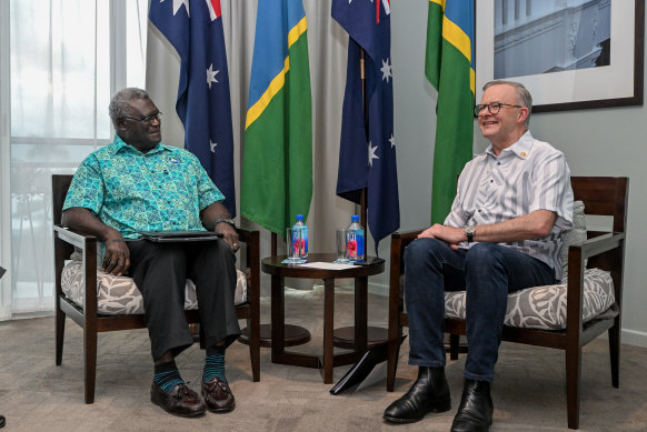 Solomons Prime Minister Manasseh Sogavare, pictured here with Australian Prime Minister Anthony Albanese in July, has said he intends to go the Queen’s funeral. 