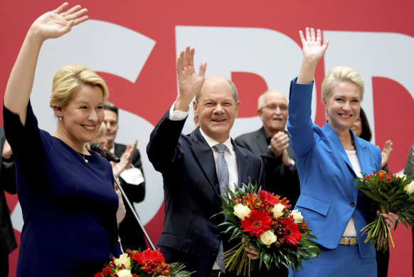 Front from left, Franziska Giffey, top candidate of the SPD for mayor of Berlin, Olaf Scholz, top candidate for chancellor, and Manuela Schwesig, member of the SPD and governor of the German state of Mecklenburg-Western Pomerania, on Monday.