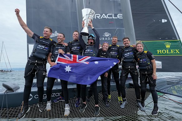 Australia’s Sail GP team helmed by sailing legend Tom Slingsby celebrate winning the title in 2022.