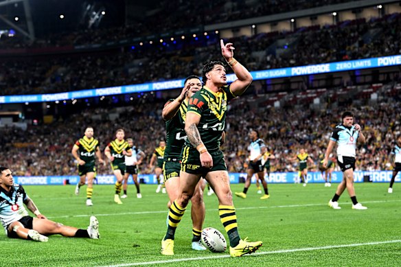 Kotoni Staggs celebrates scoring against Fiji.