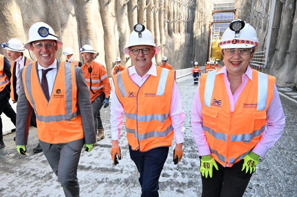 Annastacia Palaszczuk, pictured in Brisbane last week with (from left) Deputy Premier Steven Miles and Prime Minister Anthony Albanese. The Premier has criticised the CFMEU’s actions.