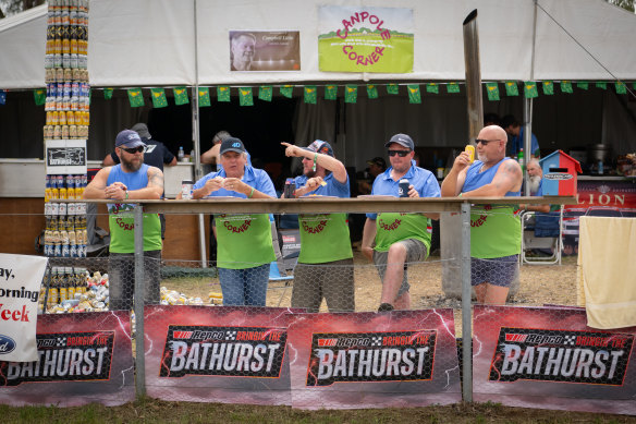 Bathurst 1000 long-timers hang out at their Canpole Corner campsite.