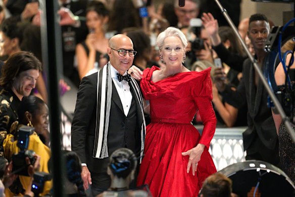 And we’re back in the room … Stanley Tucci with Meryl Streep, on the set of The Devil Wears Prada 2.