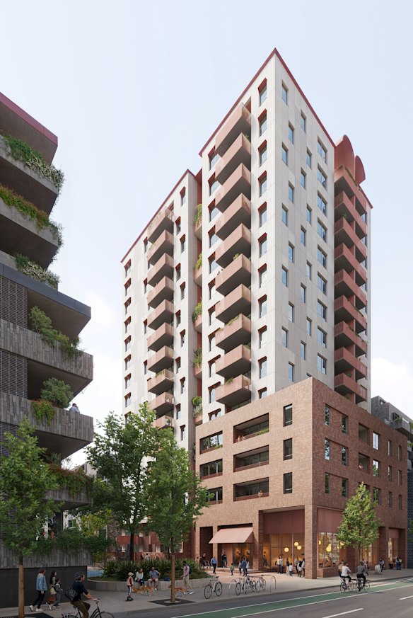 The updated artist’s render from Architectus of the replacement red-brick Elgin Towers public housing.