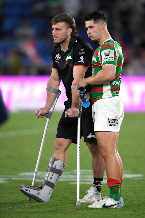 Jai Arrow wearing a moon boot after the match.