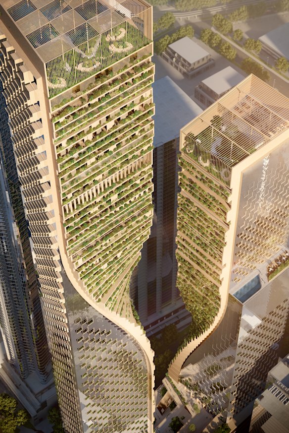 The twisting terraced tower on the BMW site would become Australia's tallest building at 365 metres.
