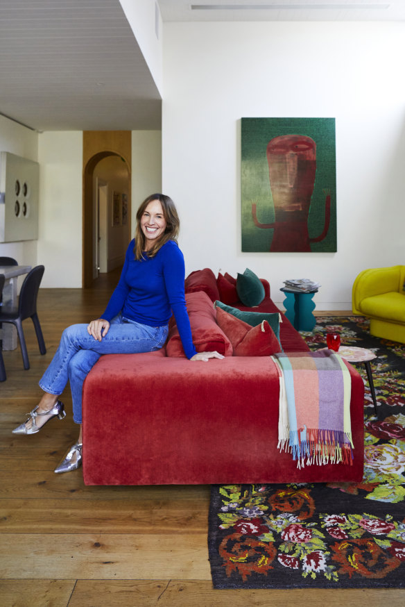 Sophie Gunnersen added furniture and art in bold colours to the open-plan living room in the recent extension. The rug is from Nomadic Son in Daylesford and the artwork is by Milo Lockett.